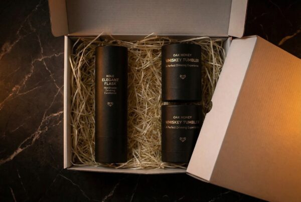 Close-up of Kole Flask and wooden whiskey cups showing natural oak grain and honey wax finish.