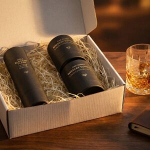 Close-up of Kole Flask and wooden whiskey cups showing natural oak grain and honey wax finish.