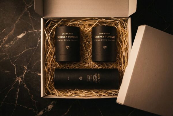 Handcrafted Oak Honey Whiskey Tumblers and Upper Cut Flask on a dark wooden home bar.